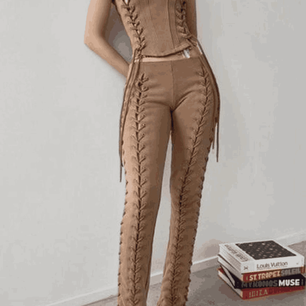 Hidden Cult Women's Tan & Brown Lace-Up Corset Top and Pants Set Hidden Cult Women's Tan & Brown Lace-Up Corset Top and Pants Set - Image 1